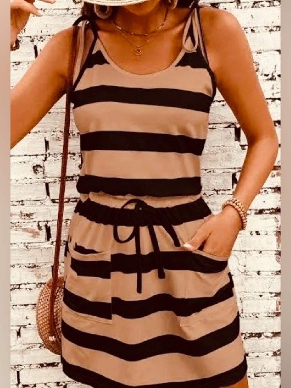 Black and Dusty Rose Striped Dress with tie and pockets